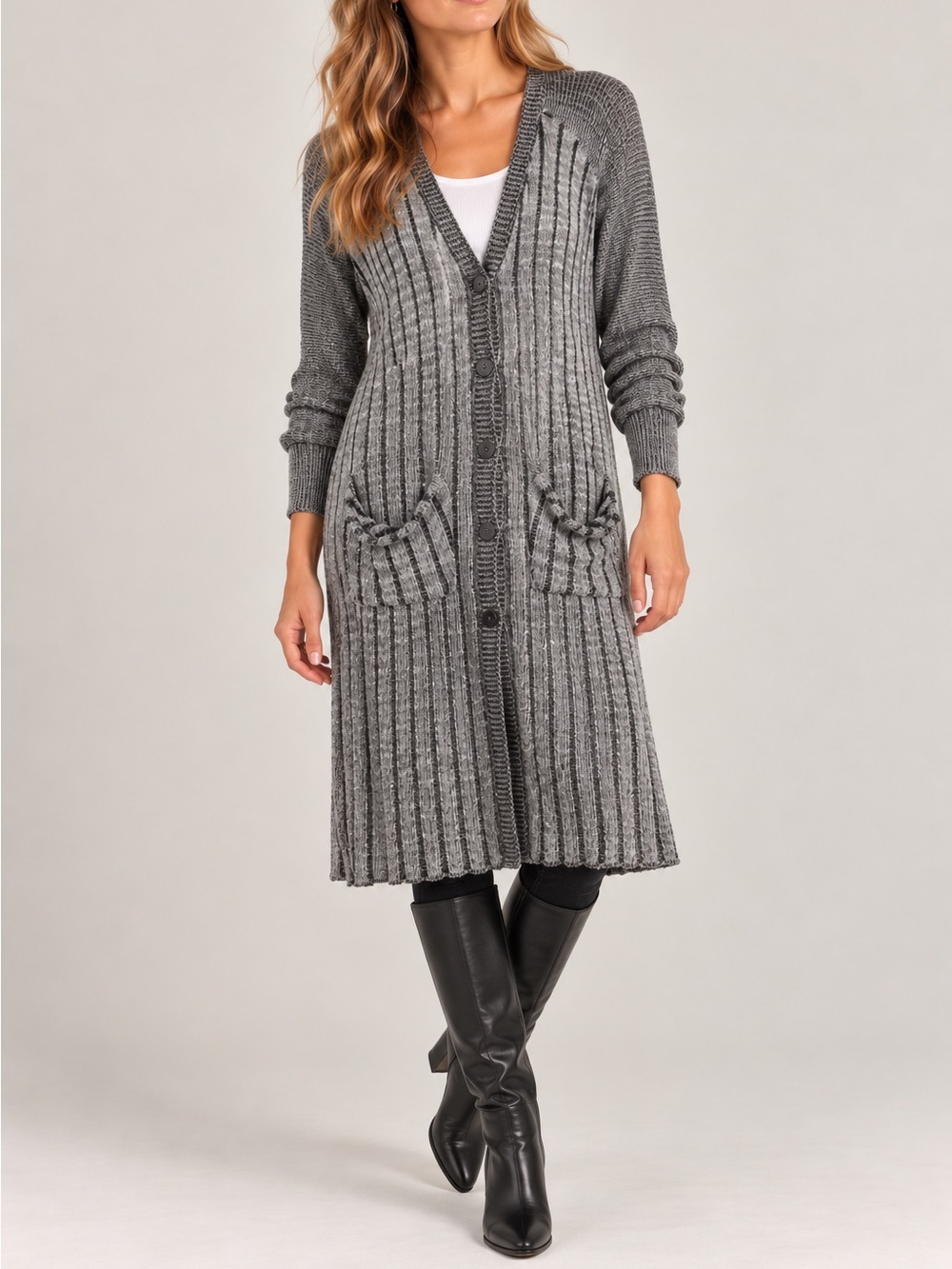 Free People Gray Ribbed Knit Long Duster Cardigan Sweater Longline Front Pockets